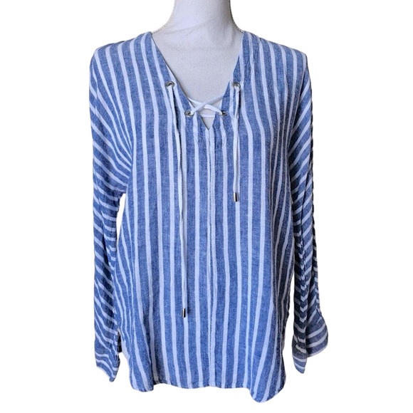 Rails Lily striped top tie front linen small S long sleeve - Picture 5 of 14